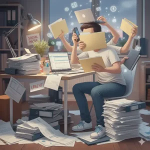 Homme à un bureau jonglant avec des dossiers peut faire appel à un service de secrétariat externalisé