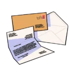 Illustration d’enveloppes et lettre manuscrite représentant la communication par courrier, utilisée pour illustrer la page contact d’une secrétaire indépendante à Audincourt.