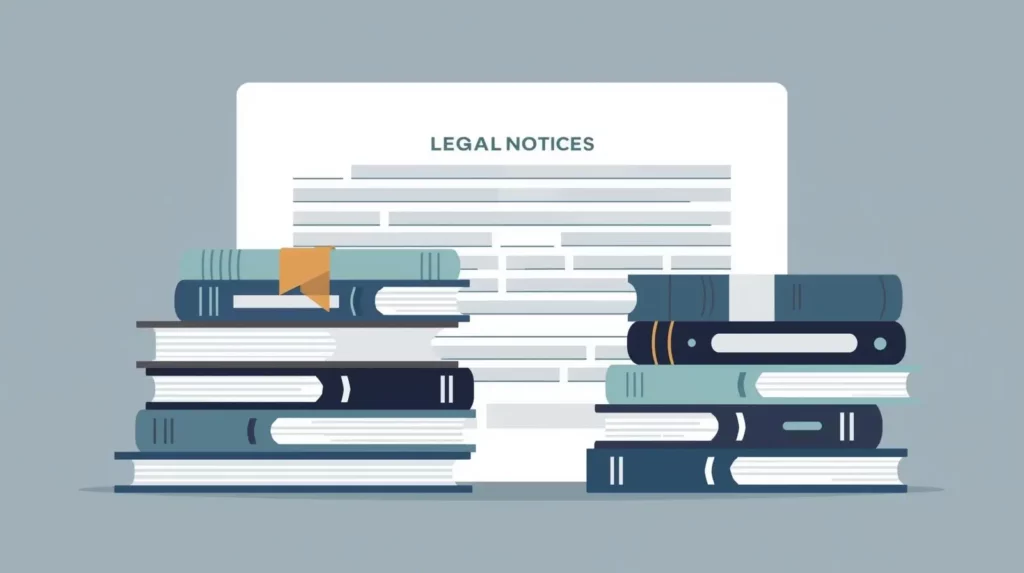 Document mentions légales en arrière-plan avec piles de livres administratifs au premier plan