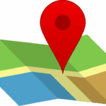 carte stylisée avec un grand repère rouge indiquant une localisation précise, entourée de zones colorées représentant différents types de terrain ou d’environnement.